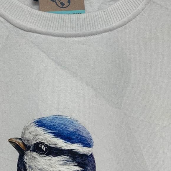 Upcycled Hand Printed Womens Large Yellow Blue Wild Bird Long Sleeve Sweatshirt - Picture 3 of 6